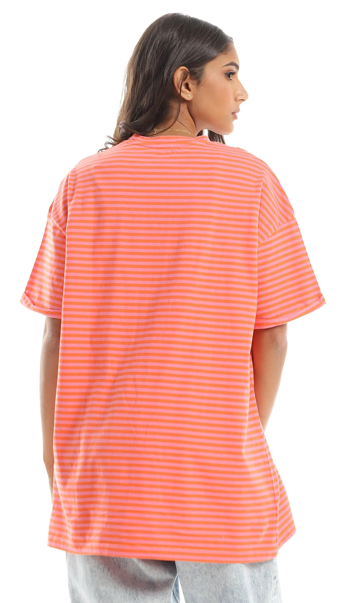 97622 Striped Loose Short Sleeves Orange & Pink Tee