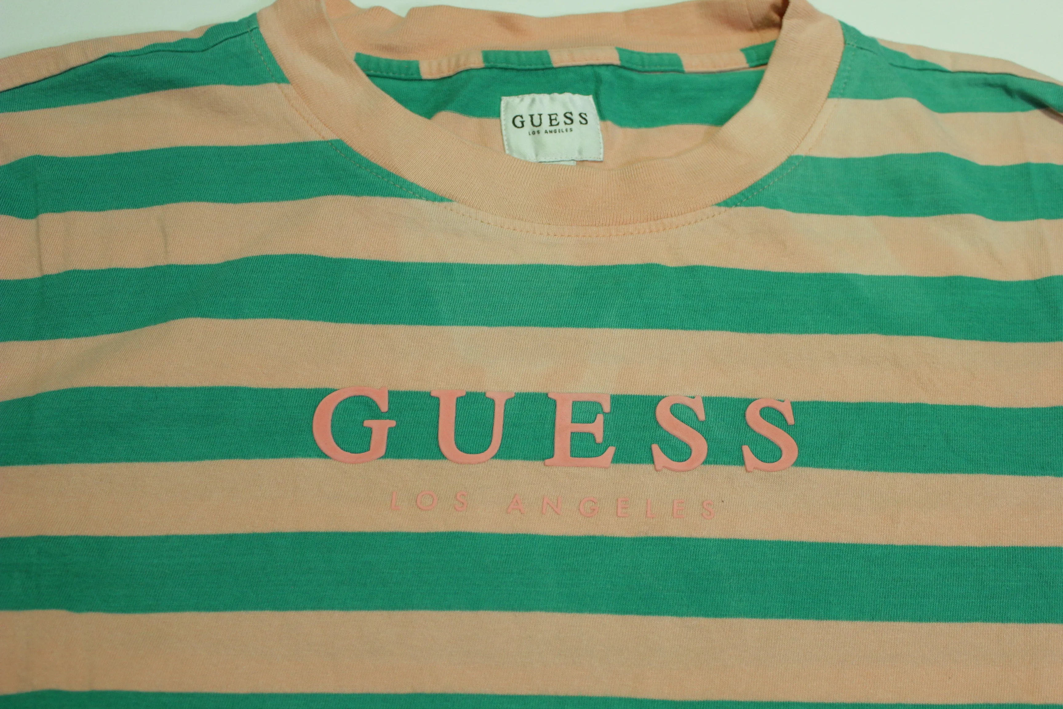 Guess Los Angeles Pink Green Striped Short Sleeved T-Shirt