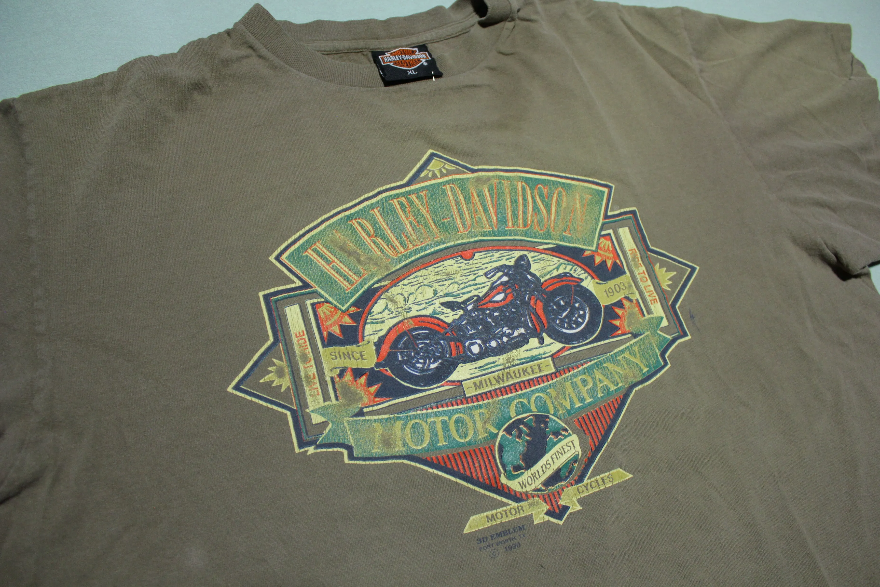 Harley Davidson Motorcycles Vintage 1990 USA 3D Emblem Ride to Live T-Shirt