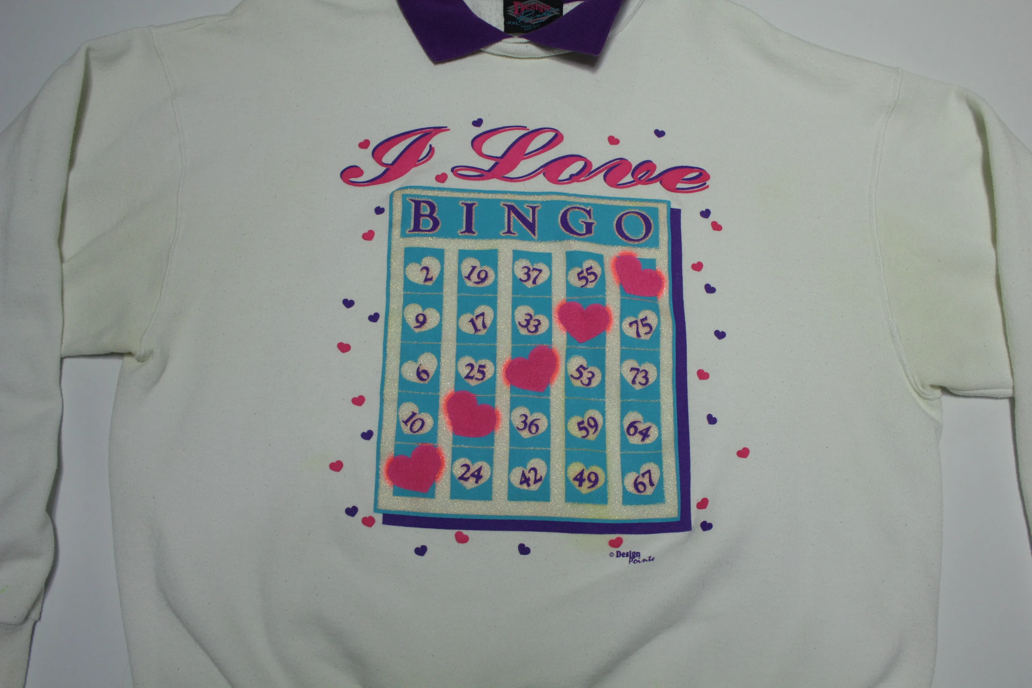 I Love Bingo Vintage 80's Design Pointe Collared Crewneck Grandma's Sweatshirt