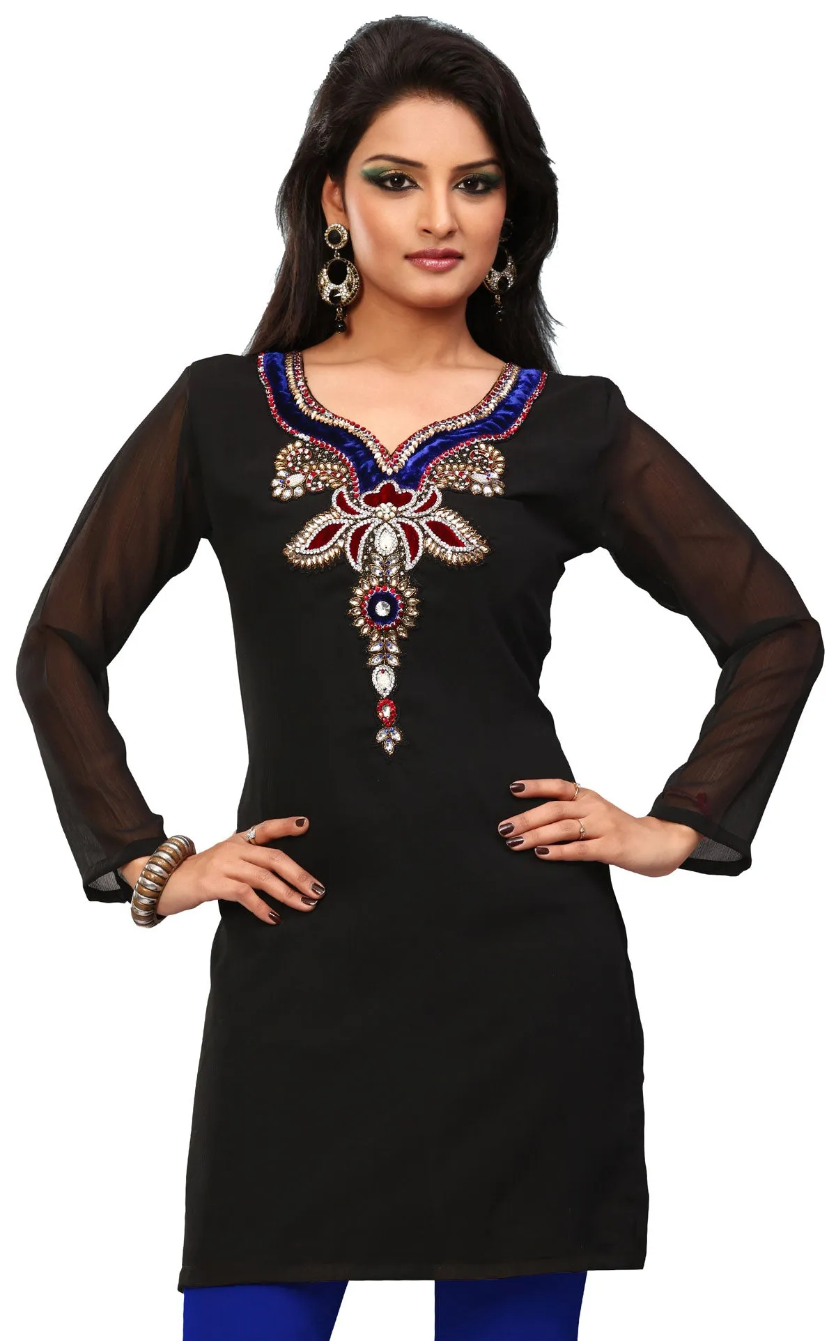 India Tunic Top Long  Kurti Womens Party Dress Indian Clothing (Black)