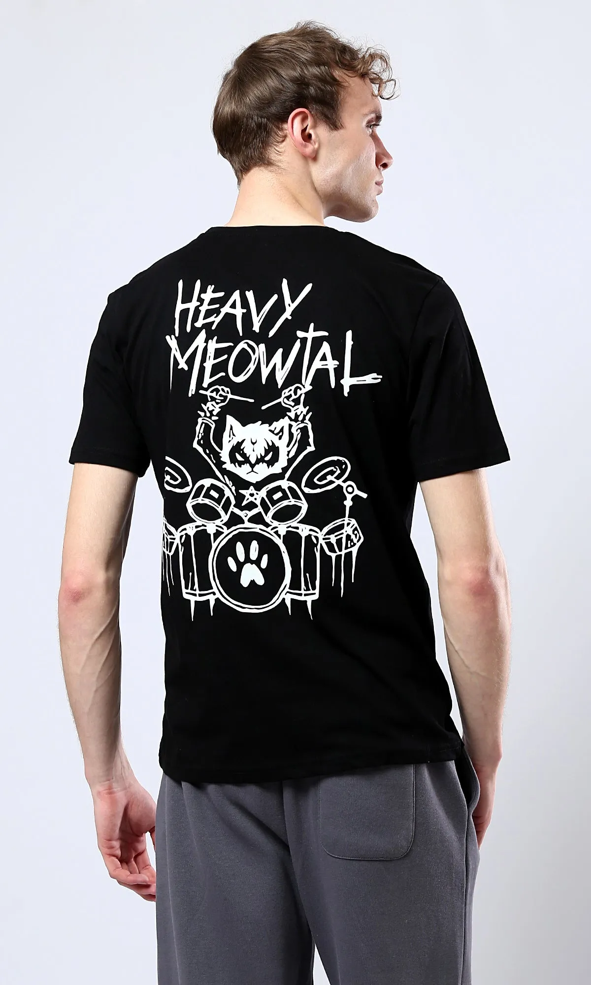 O178920 Heavy Meowtal Round Neck Slip On Black Tee