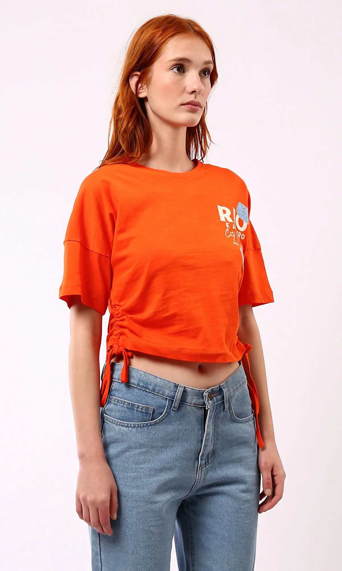 O180444 Casual Printed Short Tee With Side Drawstring - Hot Orange