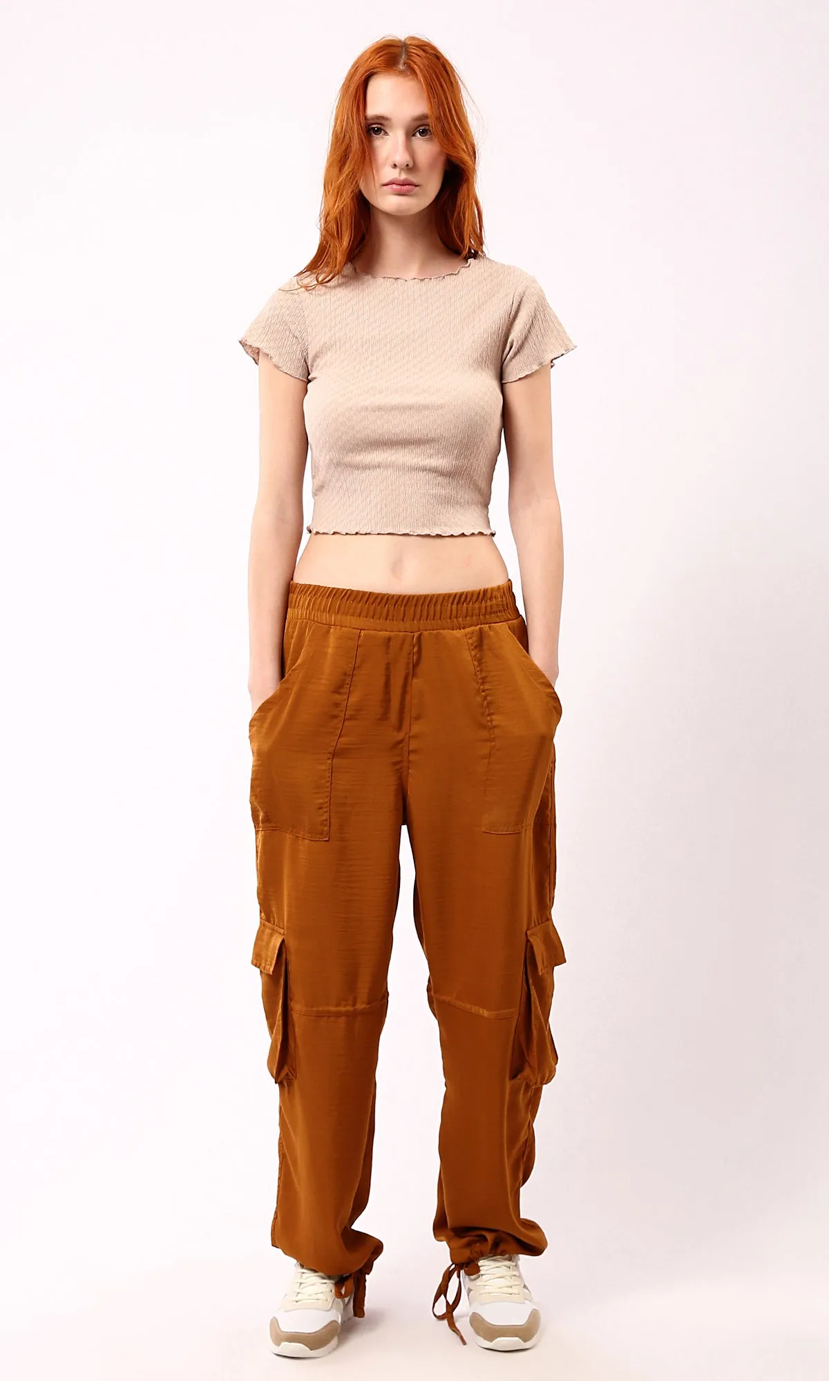 O188382 Dark Beige Casual Textured Cropped Top