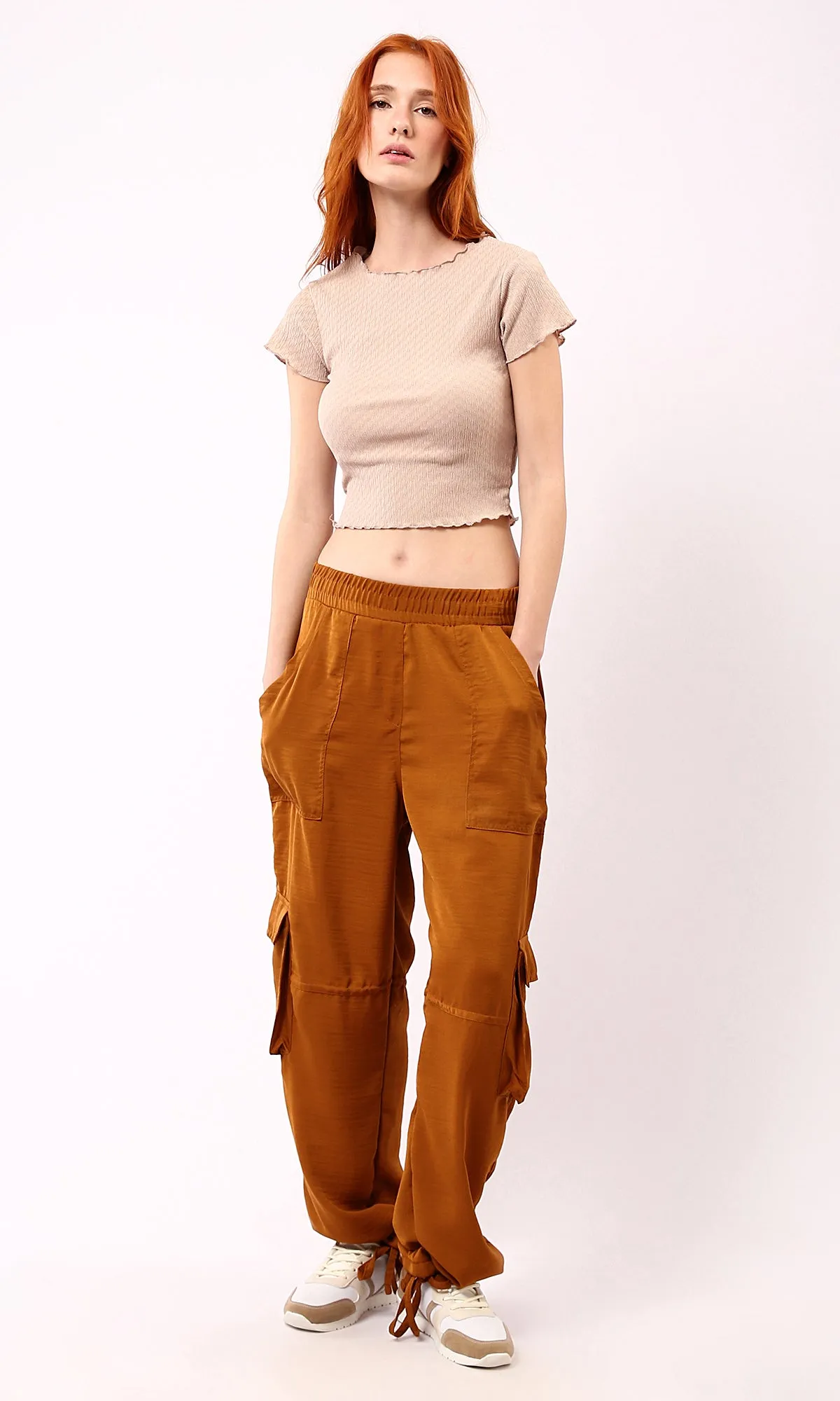 O188382 Dark Beige Casual Textured Cropped Top