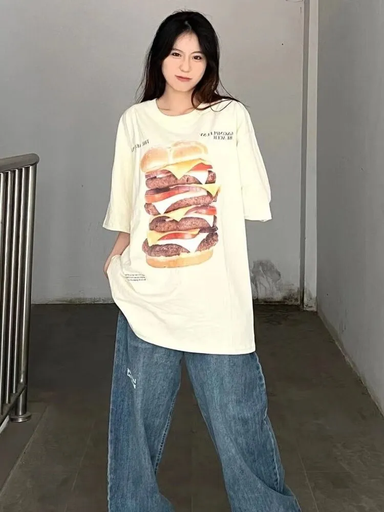 Oversized T-Shirt with Hamburger Print