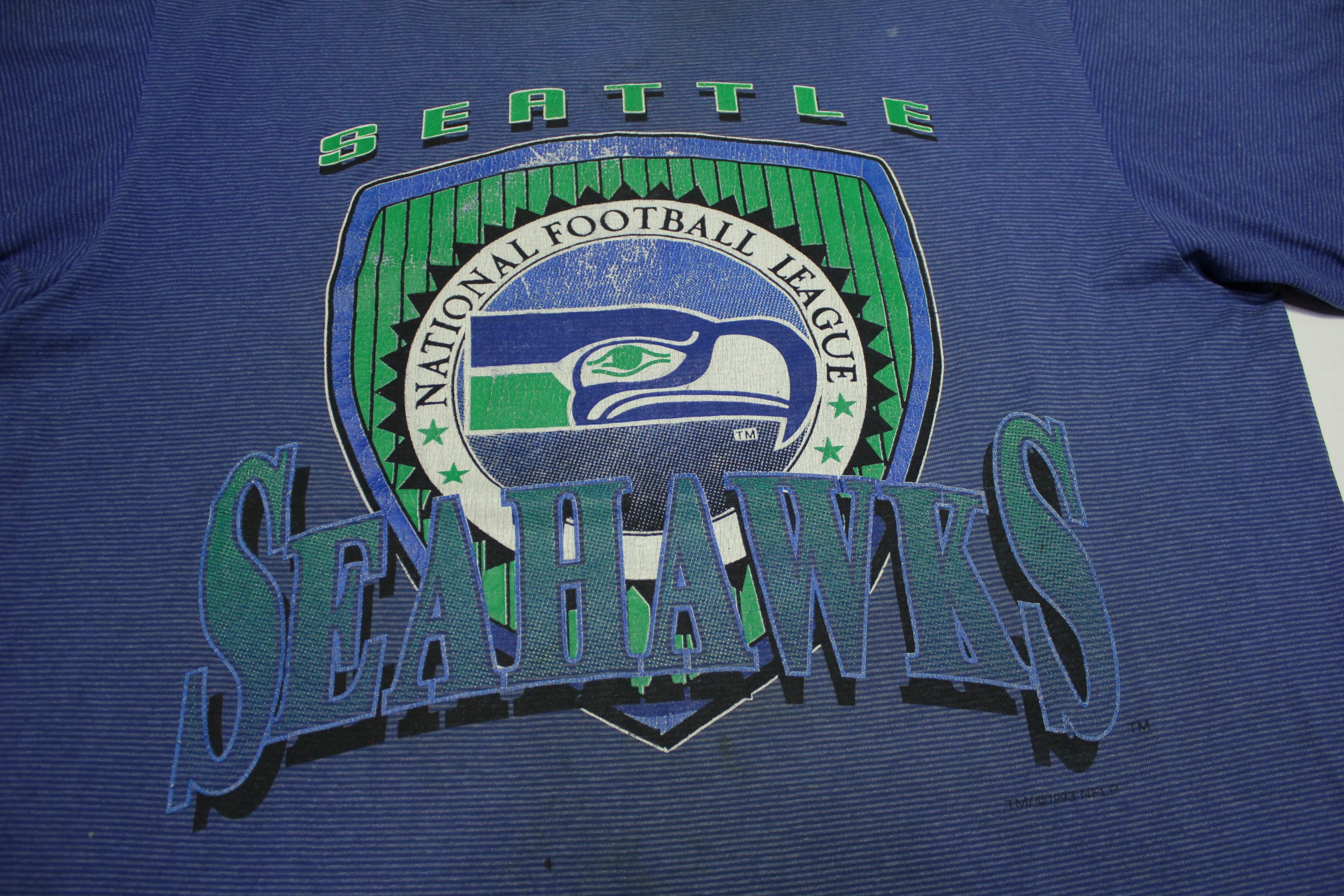 Seattle Seahawks Vintage NFL Pinstriped Logo 7 Single Stitch Made in USA T-Shirt