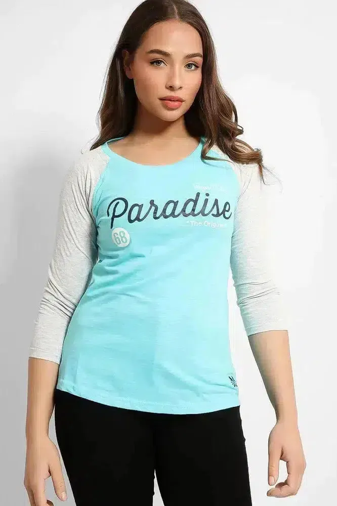 Sky Blue Contrast Sleeve Paradise T-Shirt