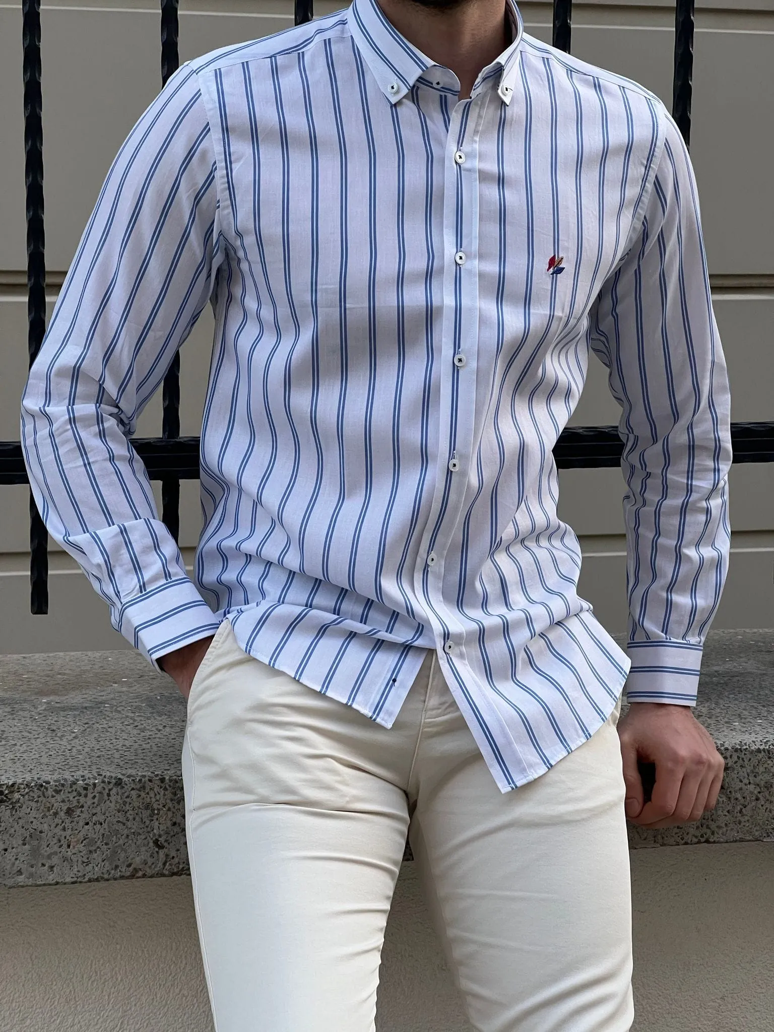 Slim Fit Striped Cotton White & Blue Shirt