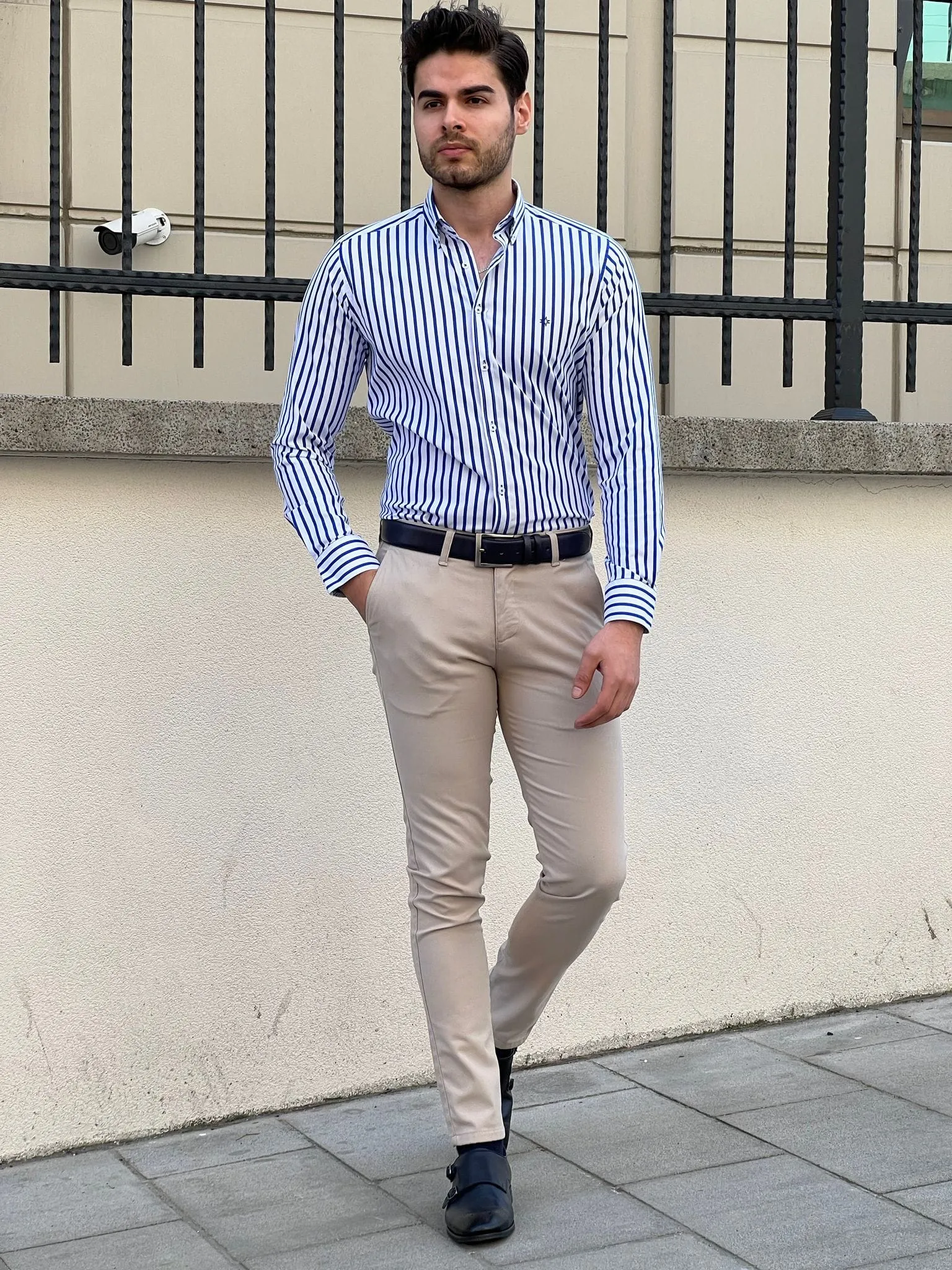 Slim Fit Striped Cotton White & Sax Shirt