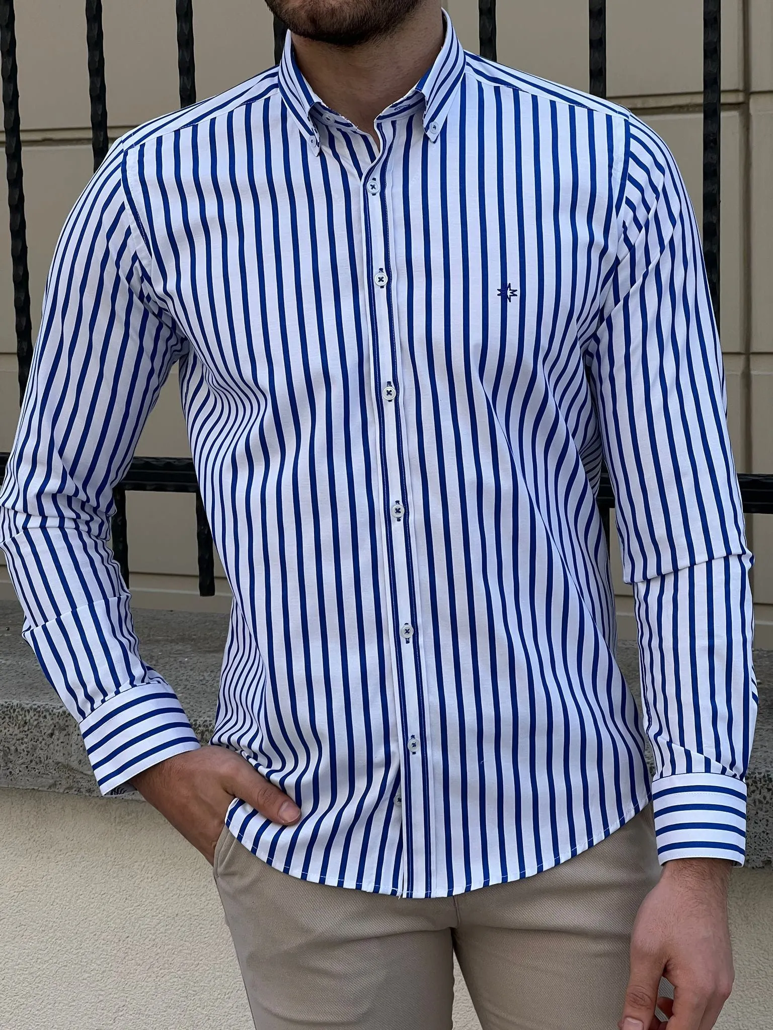 Slim Fit Striped Cotton White & Sax Shirt