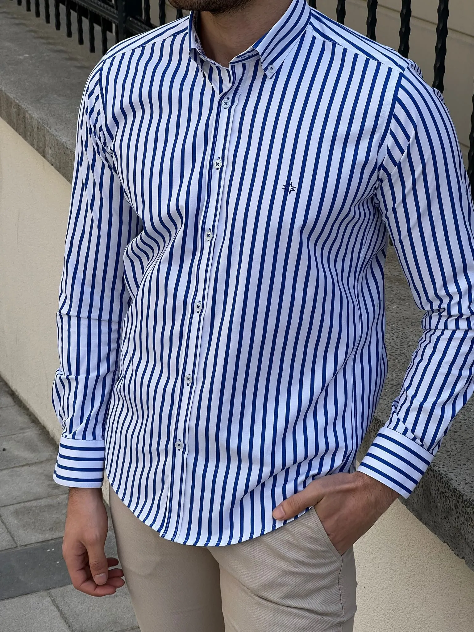 Slim Fit Striped Cotton White & Sax Shirt