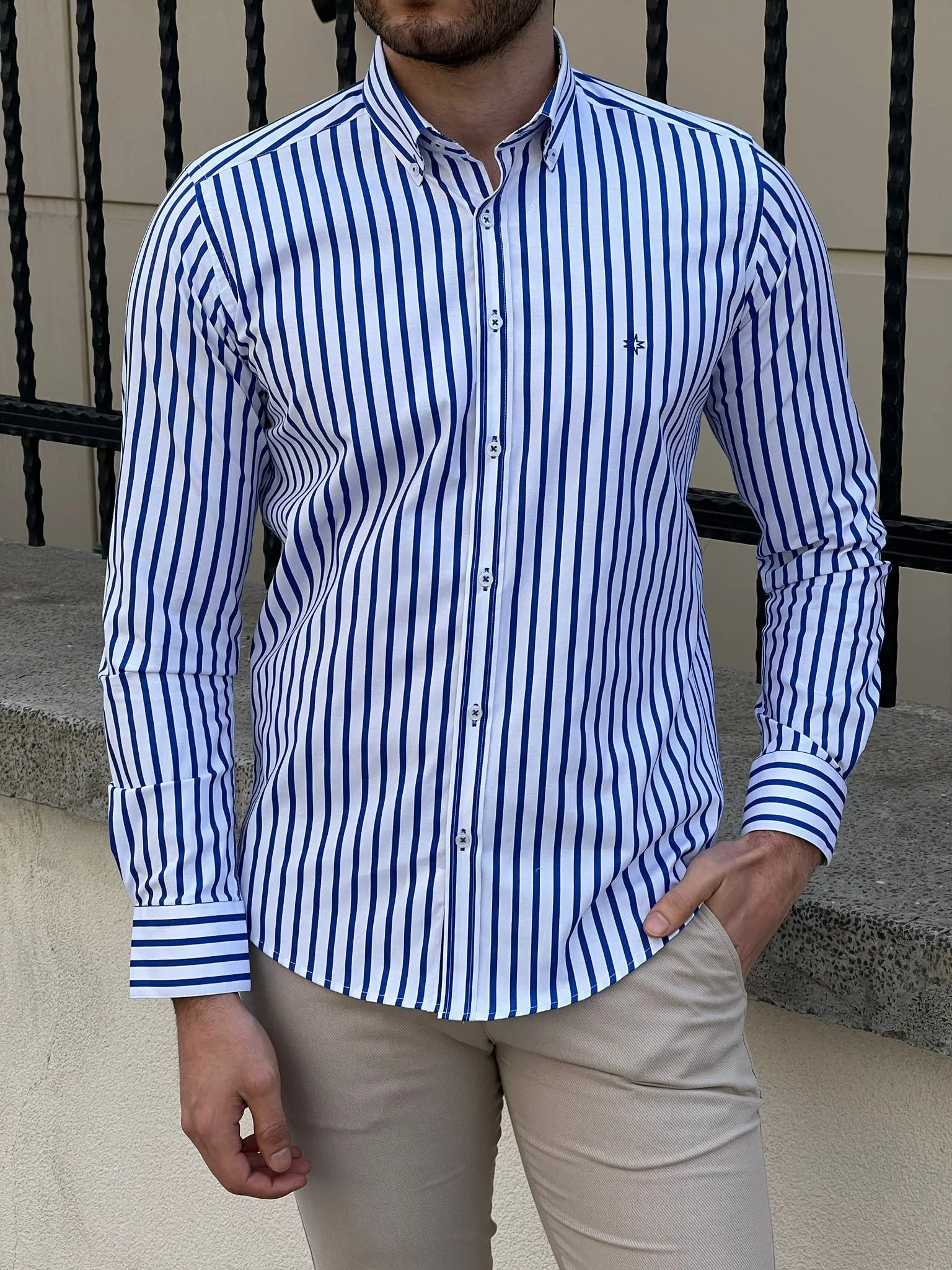 Slim Fit Striped Cotton White & Sax Shirt