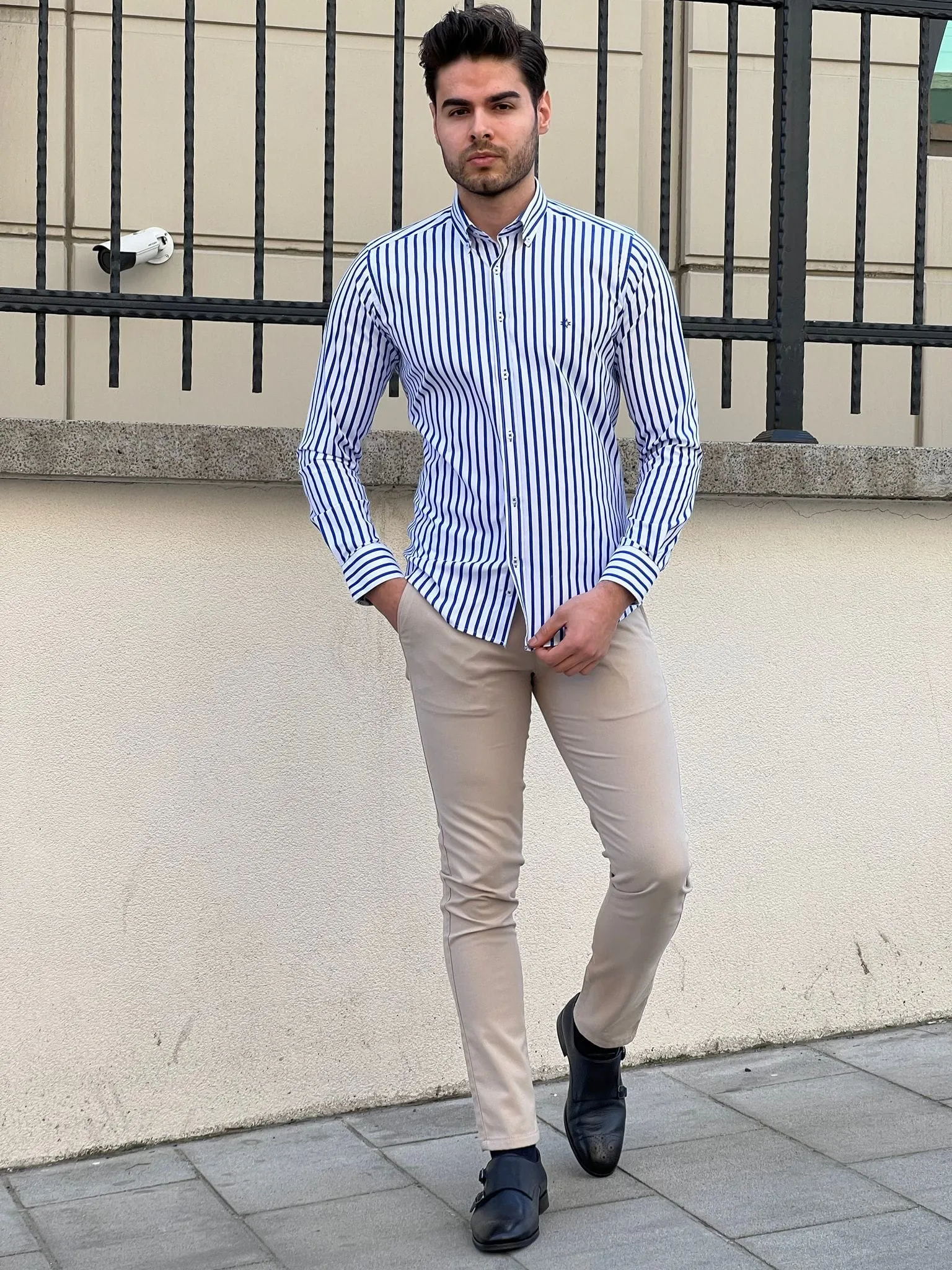 Slim Fit Striped Cotton White & Sax Shirt