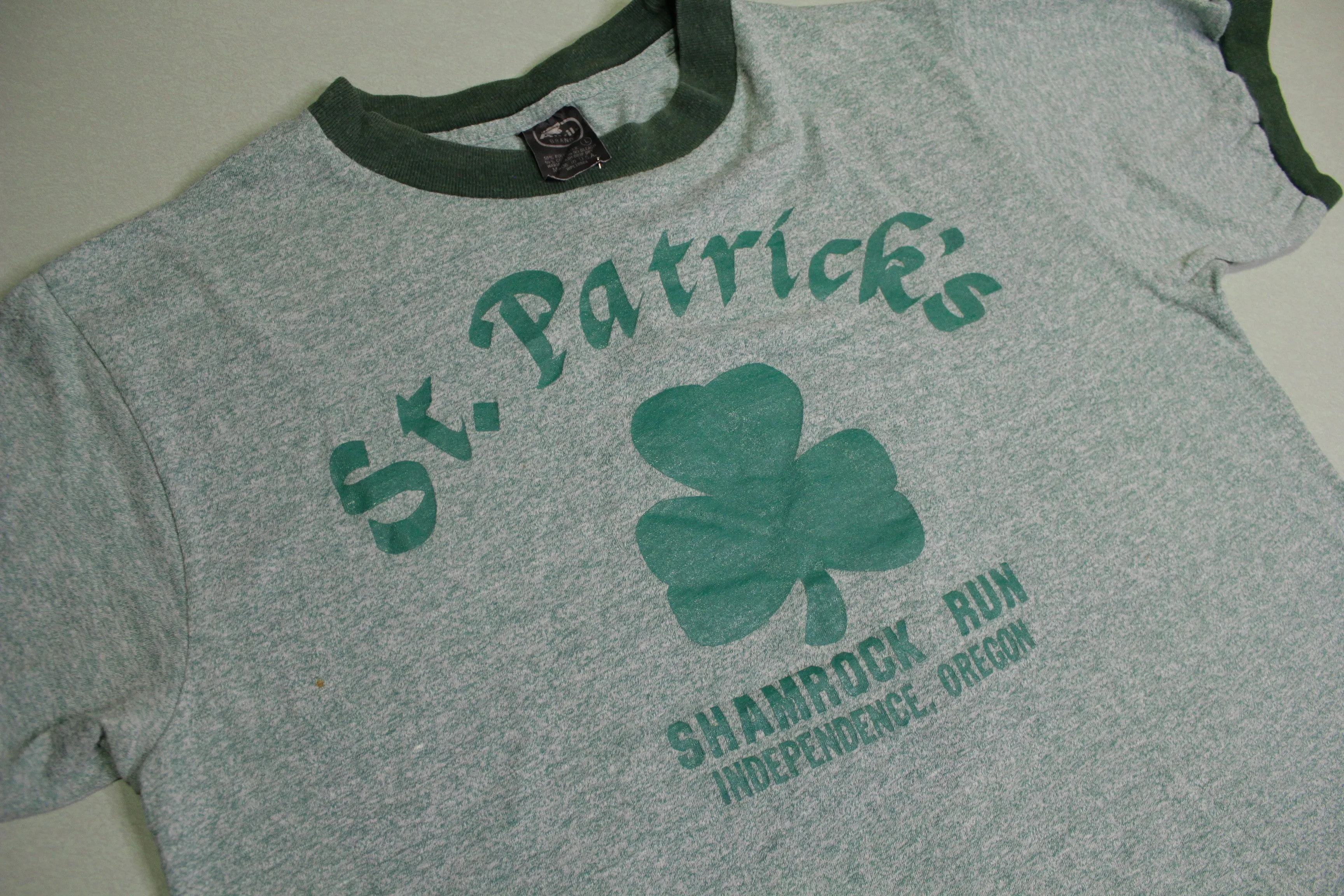 St. Patrick's Shamrock Run Independence Oregon Vintage 80's Ringer Marathon T-Shirt