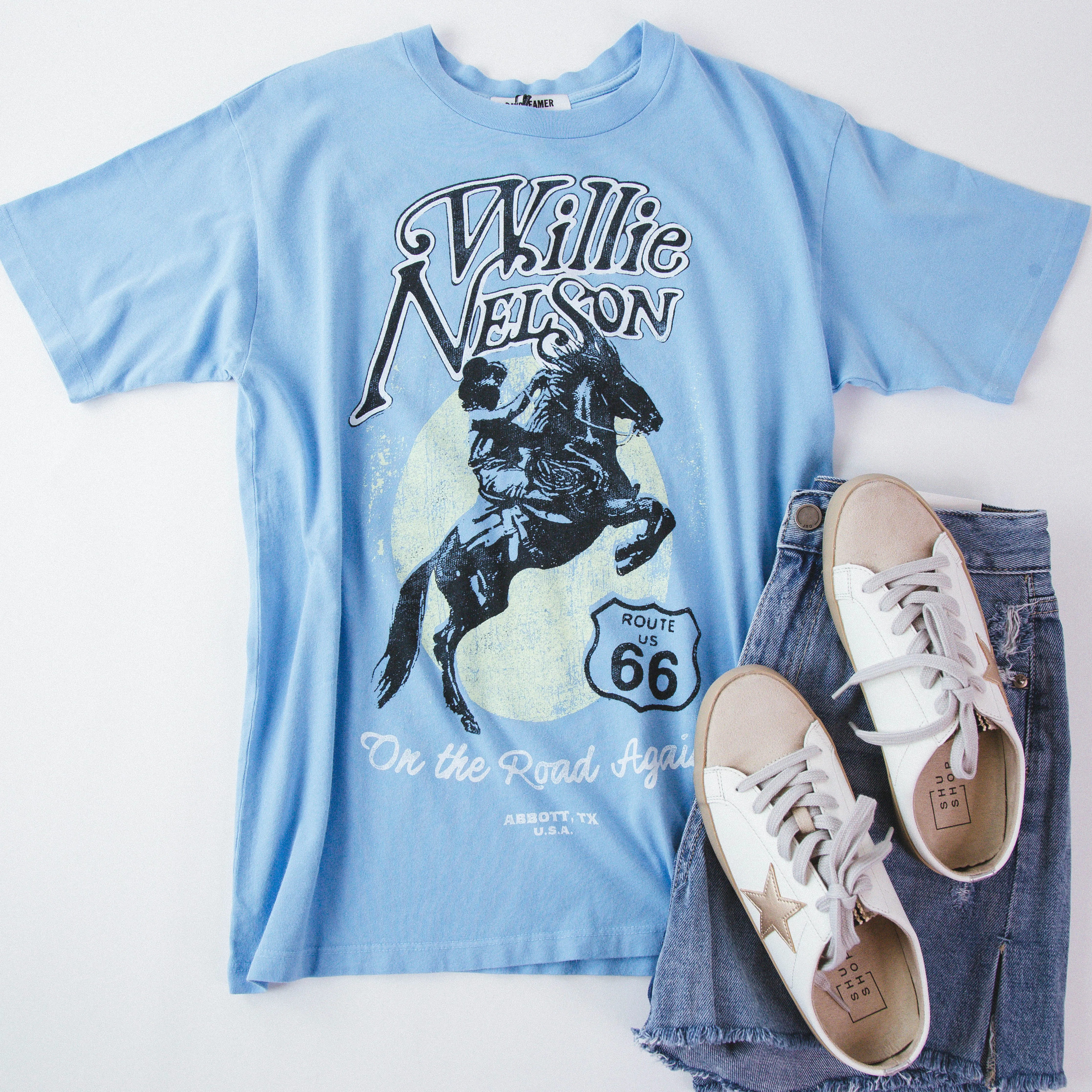 Willie Nelson Route 66 Weekend Tee, Vintage Blue | Daydreamer